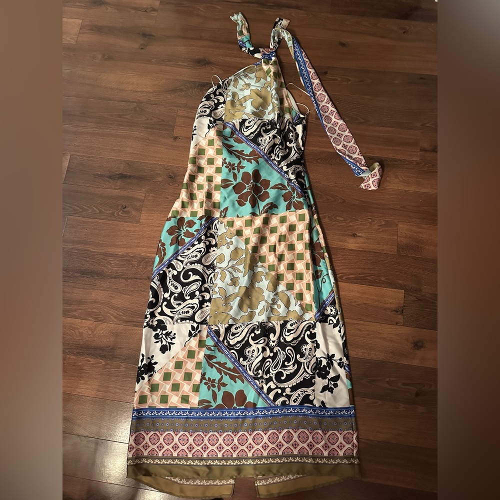 Zara dress maxi Multicolor Halter printed satin effect - Picture 3 of 10